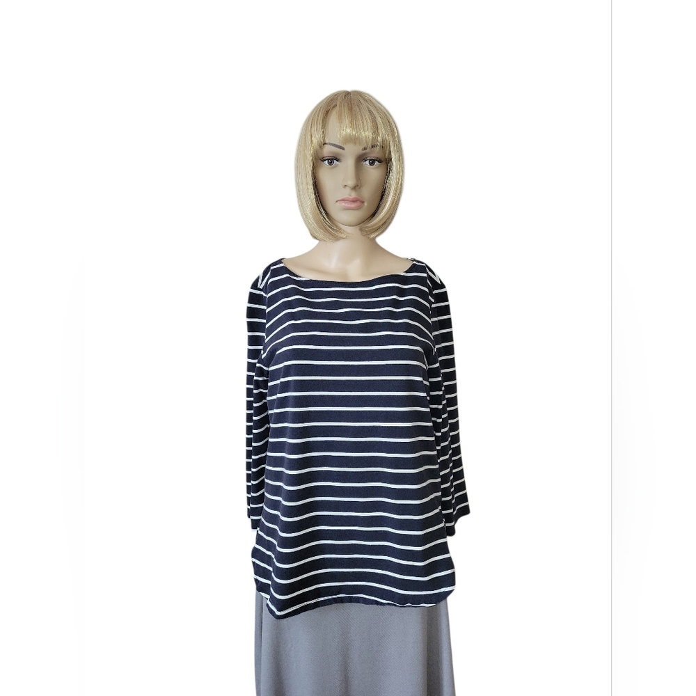 Ann Taylor LS Striped Tee/ Top, L, White/ Navy, VGUC